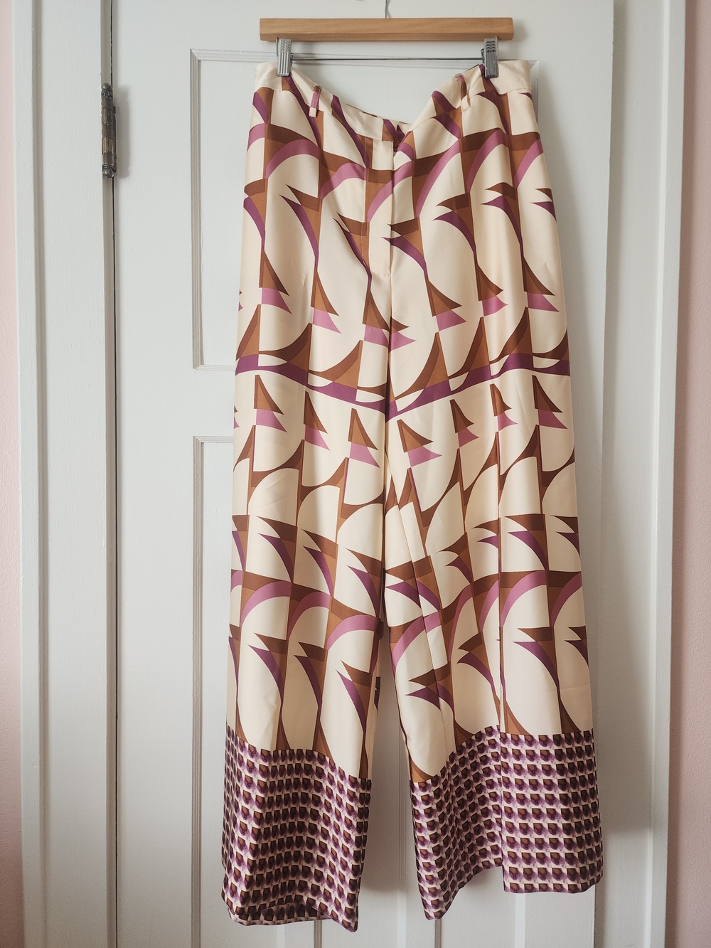 Wide-Leg Printed Palazzo Pants in Cream and Pink